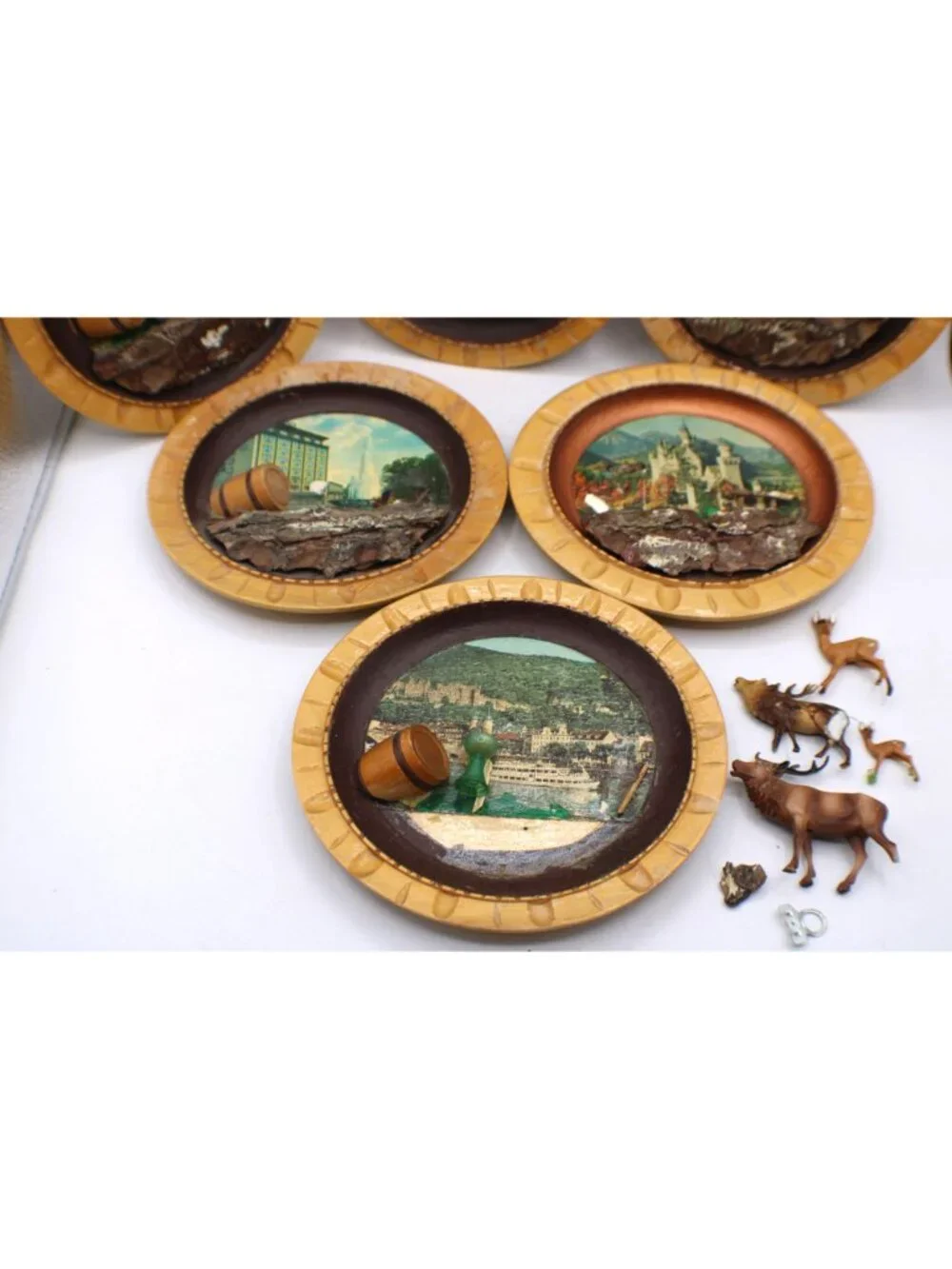 Vtg German Handarbeit 3D Wooden Wall Plates Art Set 6 Alpine Folk Art  Diorama